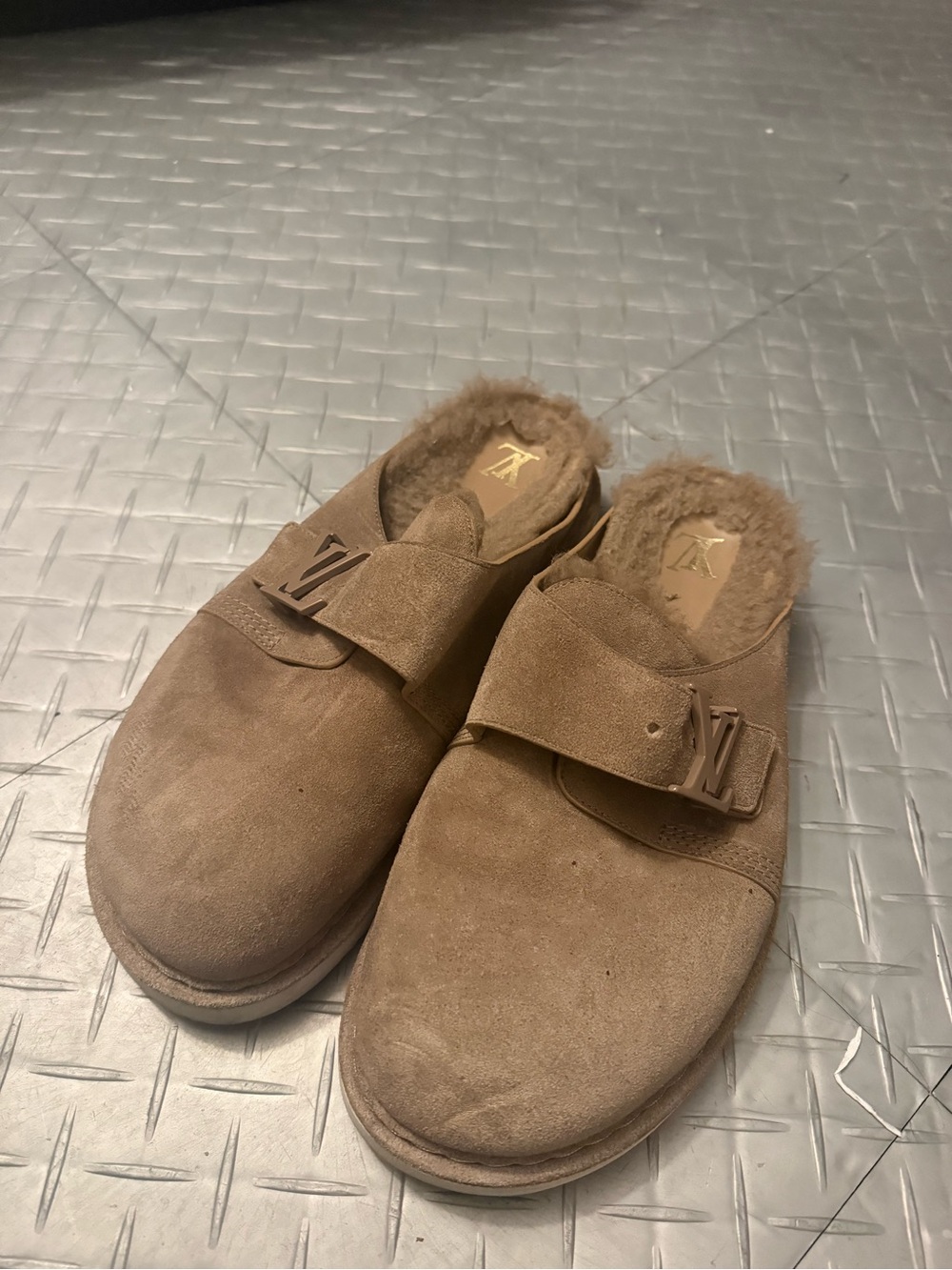 Louis Vuitton Tan Suede Shearling Mule Slides with LV Buckle